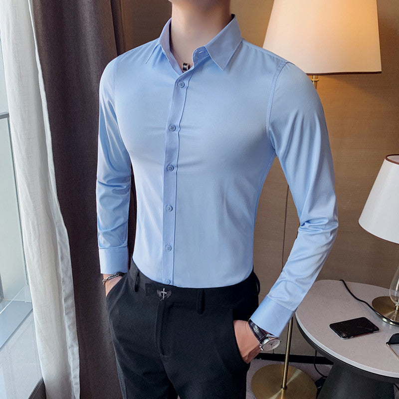 New Men's Long-sleeved Shirt Youth Korean Version Business Casual Solid Color Slim Shirt Business Professional Formal Wear