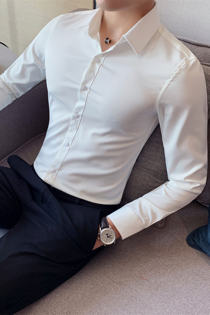 New Men's Long-sleeved Shirt Youth Korean Version Business Casual Solid Color Slim Shirt Business Professional Formal Wear