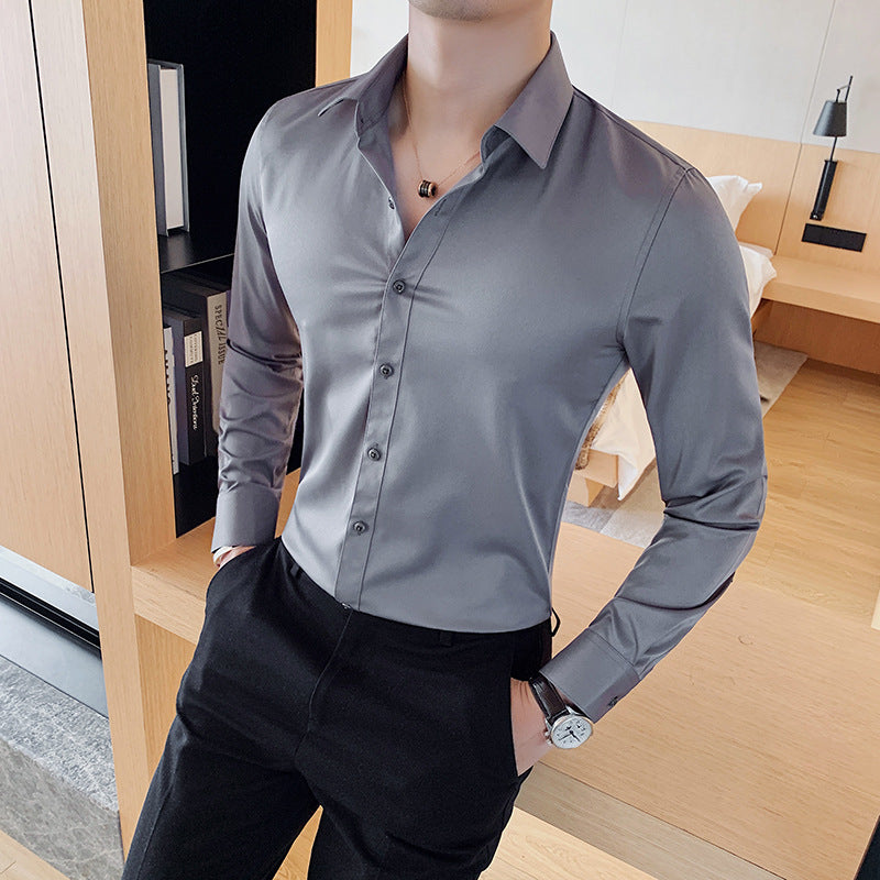 New Men's Long-sleeved Shirt Youth Korean Version Business Casual Solid Color Slim Shirt Business Professional Formal Wear