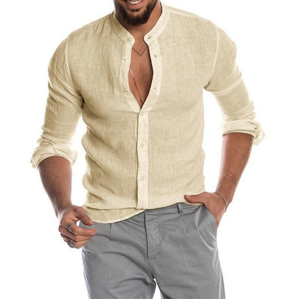 V-neck Linen New Cardigan Stand Collar Long-sleeved Men&amp;amp;amp;#039;s Shirt
