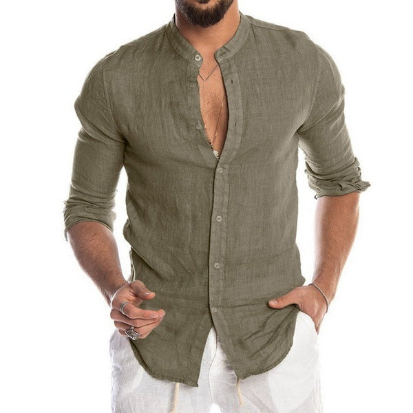 V-neck Linen New Cardigan Stand Collar Long-sleeved Men&amp;amp;amp;#039;s Shirt