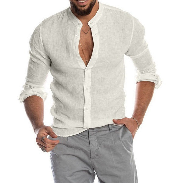 V-neck Linen New Cardigan Stand Collar Long-sleeved Men&amp;amp;amp;#039;s Shirt