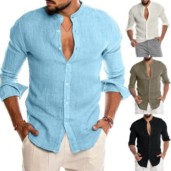 V-neck Linen New Cardigan Stand Collar Long-sleeved Men&amp;amp;amp;#039;s Shirt