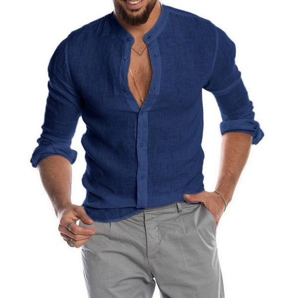 V-neck Linen New Cardigan Stand Collar Long-sleeved Men&amp;amp;amp;#039;s Shirt