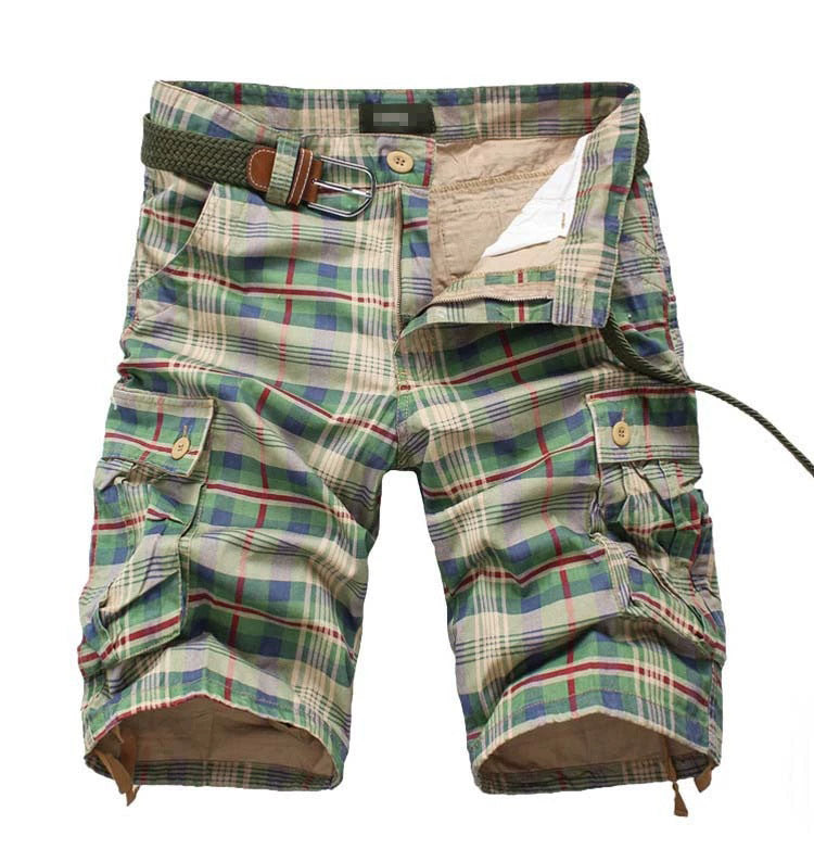 Men's Work Shorts Men's Sports Pants Five-point Multi-pocket Plaid Shorts Men's