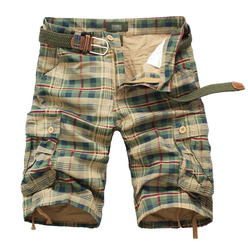 Men's Work Shorts Men's Sports Pants Five-point Multi-pocket Plaid Shorts Men's