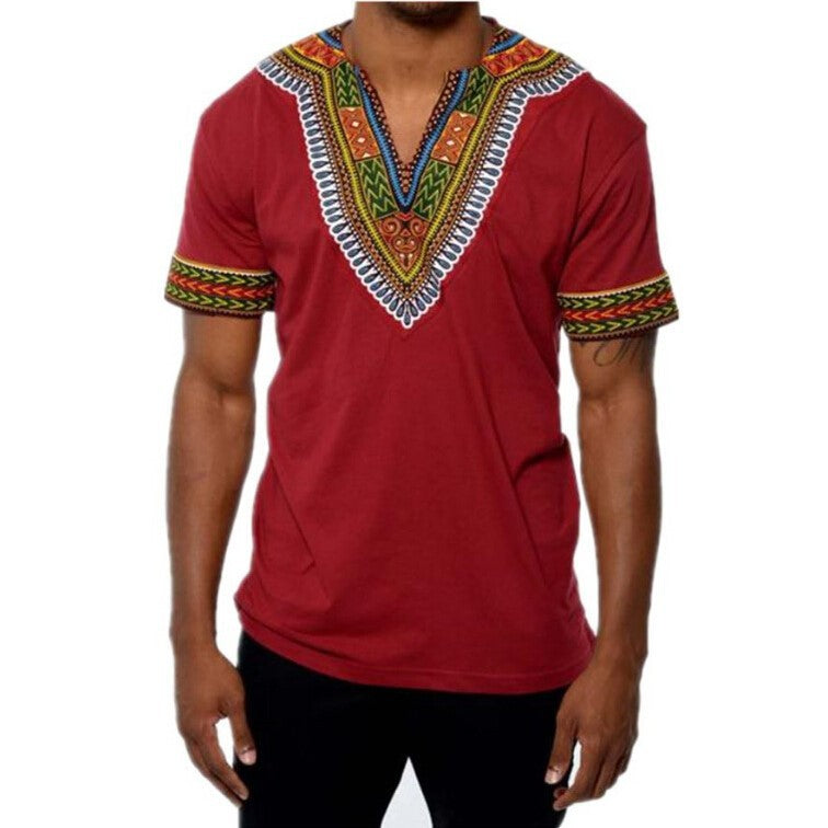 African Ethnic Style Printing V-neck Short-sleeved T-shirt