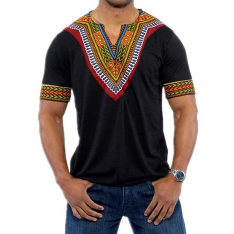 African Ethnic Style Printing V-neck Short-sleeved T-shirt
