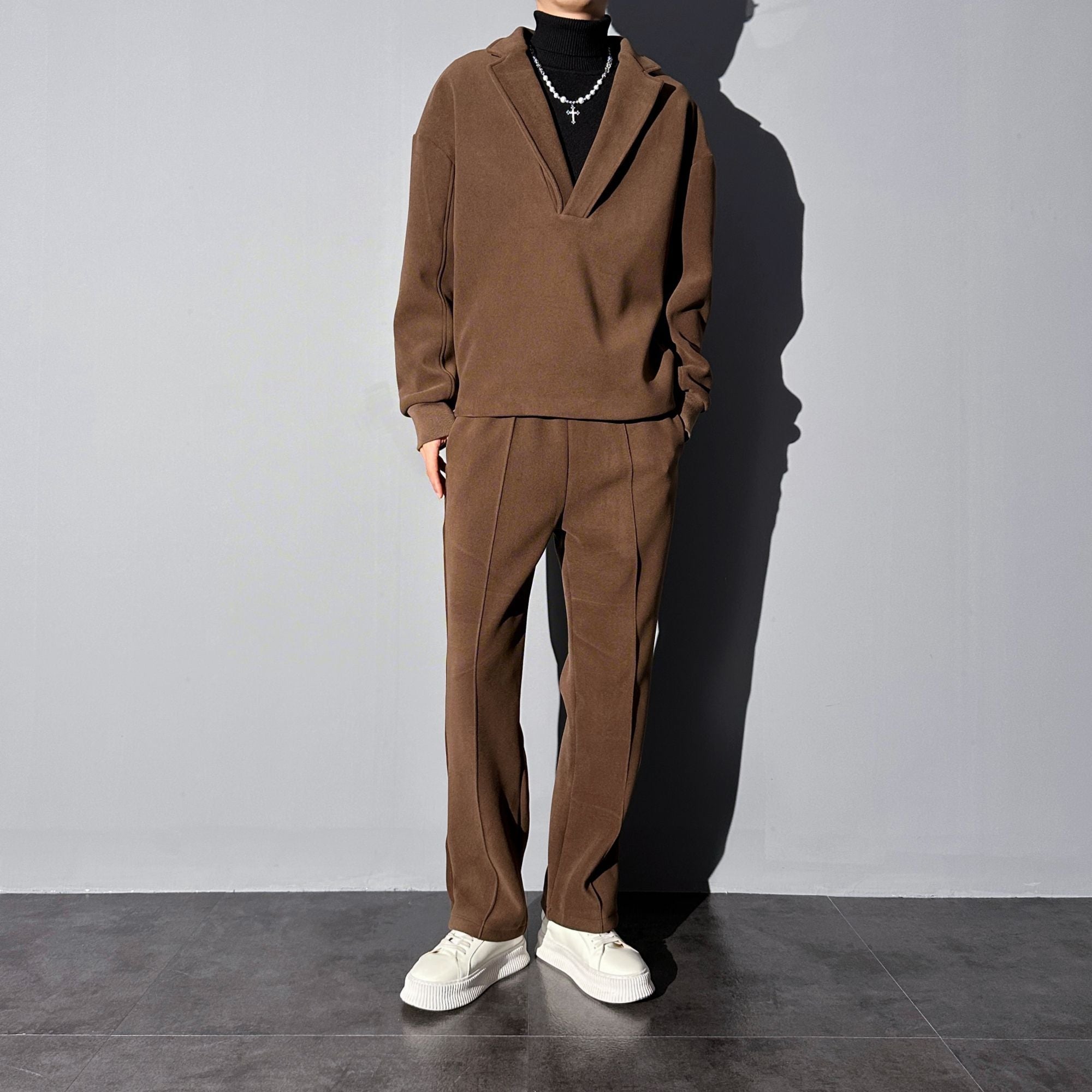 Woolen Casual Suit Men's Suit Collar Loose Solid Color Two-piece Set Side Zipper