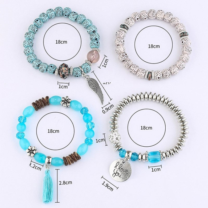Fashion Bohemian Jewelry Female Tassel Wings I LOVE YOU Charm Tassel Multi-layer Beaded Bracelet Suit
