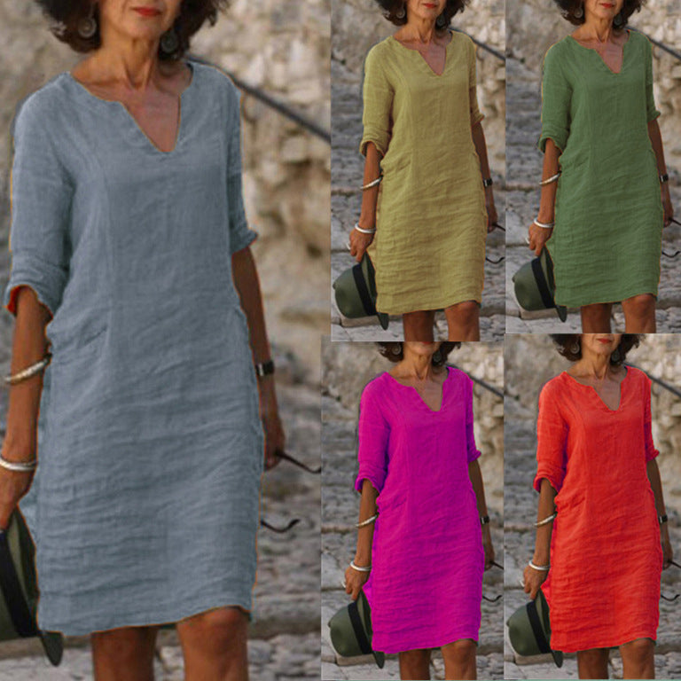 Sleeve Dress Women's Linen Cotton Fabric