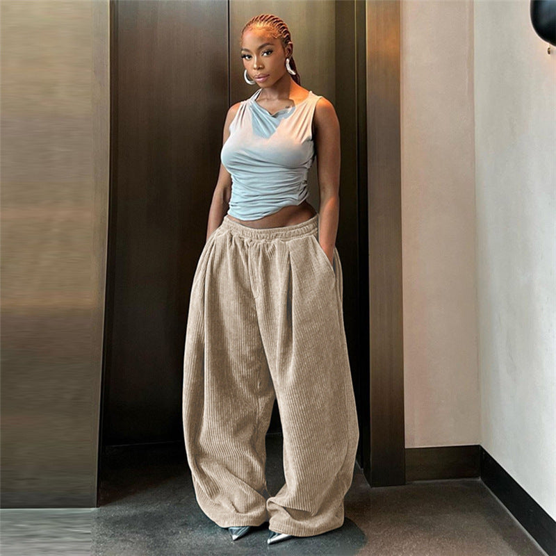 Women  New Fashion Street Shooting High Waist Loose Straight Casual Trousers
