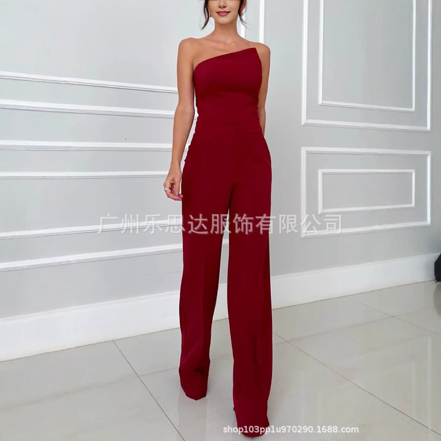 Women's Clothing High Waist Elegant Strapless Short Top High Waist Pocket Wide Leg Pants Suit Women
