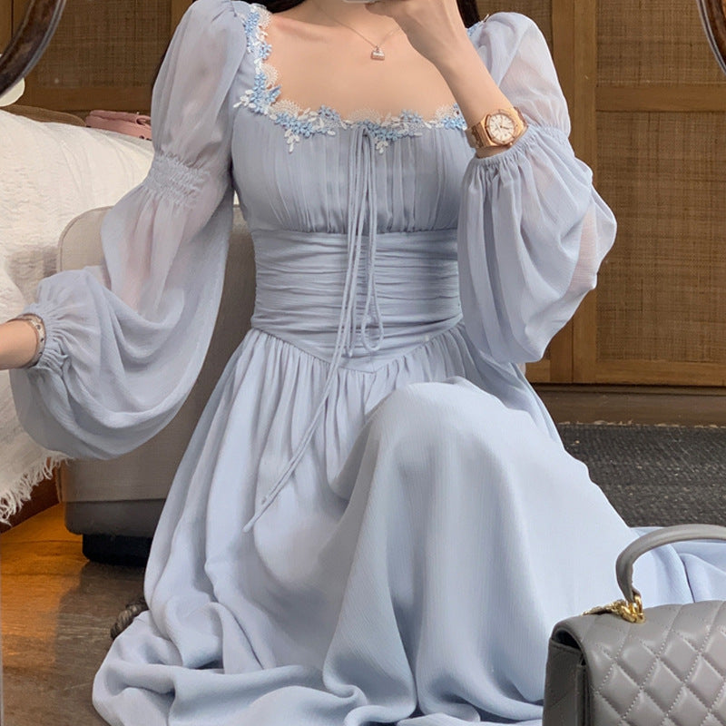 Bubble Sleeve Square Collar Large Skirt Elegant Fairy Skirt Texture High-end French Dress For Women