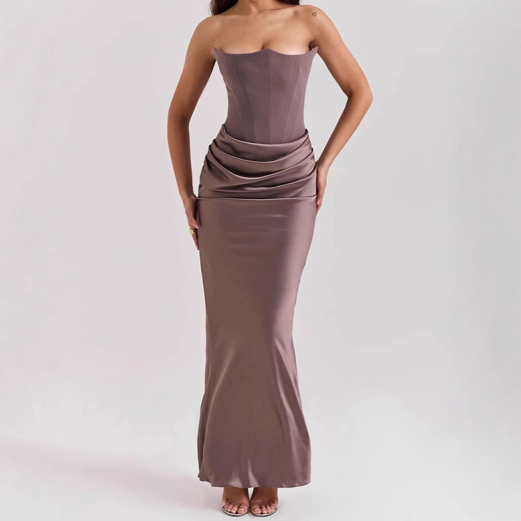 New Waist Hip Dress Satin Tube Pleated Stitching Dress