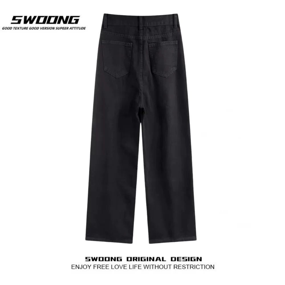 SWOONG American Retro Washed Black Jeans For Men And Women Ins High Street Straight Loose Casual Trousers For Autumn
