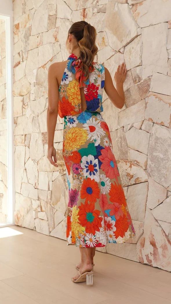 Holiday Style Fashionable Printed Halter Sleeveless Waist-tight Dress