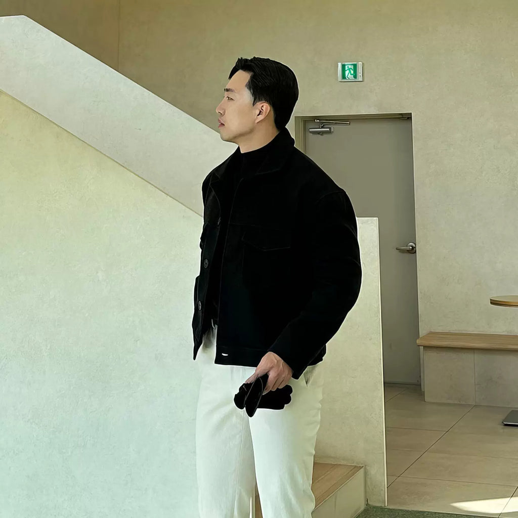 Black Lapel Short Jacket Men's Autumn And Winter Korean Version 2024 New High-end Double Pocket Thickened Jacket