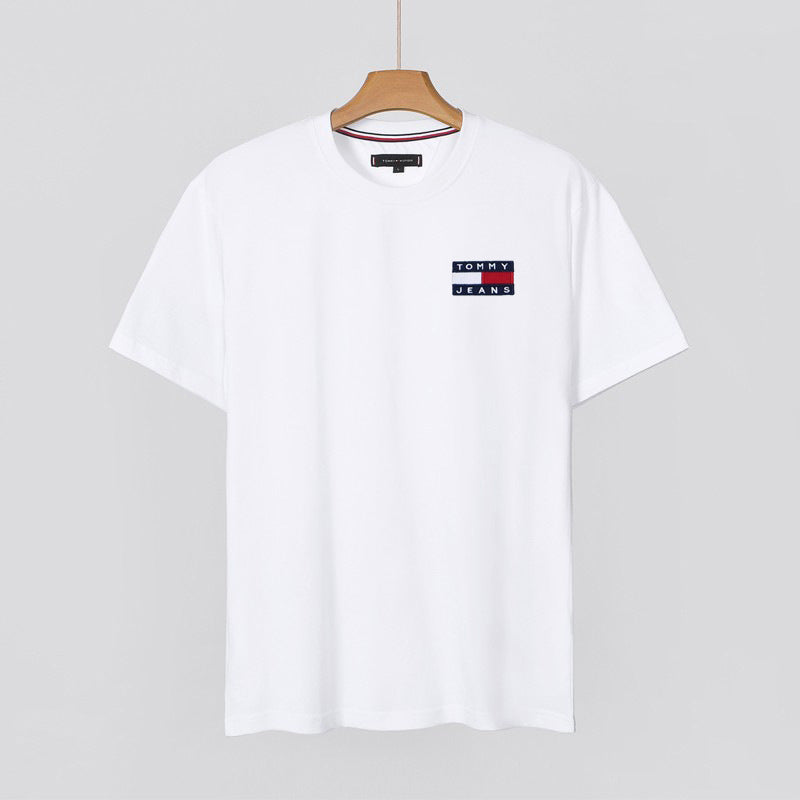 Men's Short-Sleeve Pure Cotton Round Neck Slim Fit Solid Color Base Shirt With Large Logo Embroidery T-Shirt