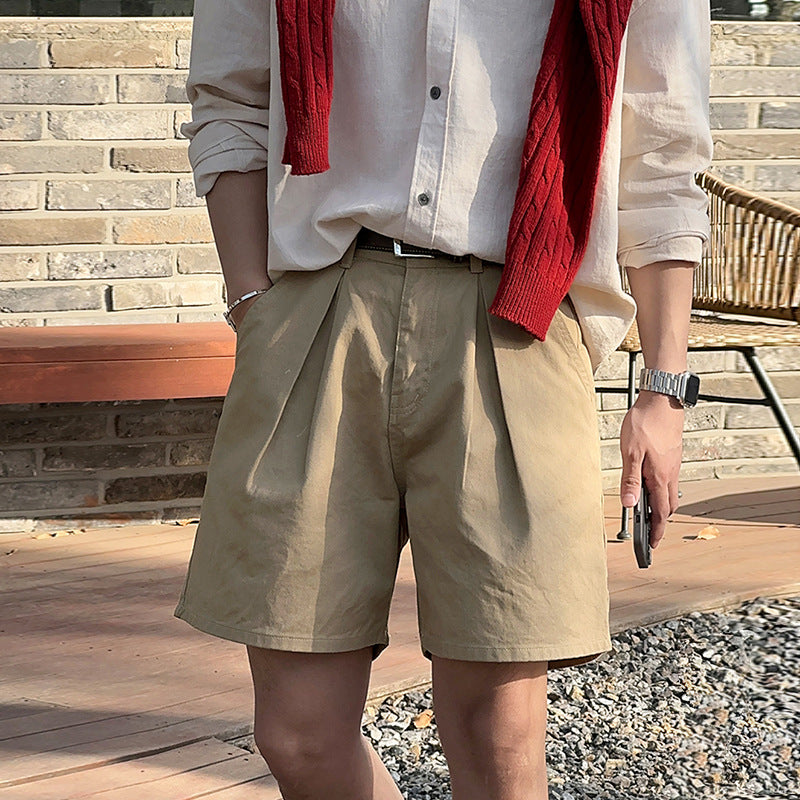 ASCLO Summer Shorts Khaki Casual Wide-leg Pants Korean Style Trendy Pleated Workwear Straight Pants For Boys