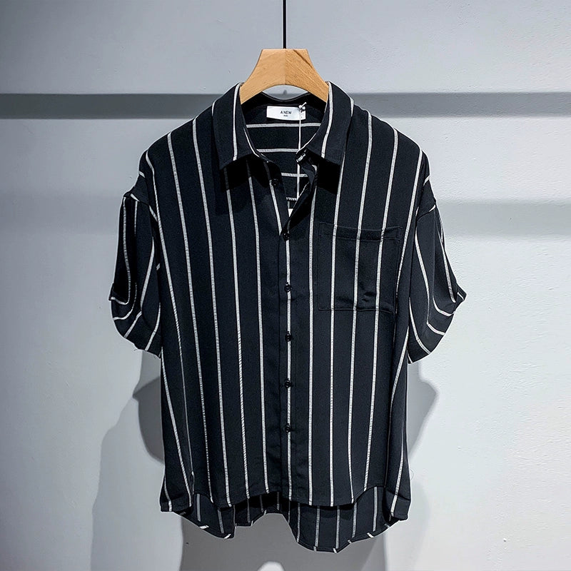 Guweige Comfortable Striped Short-sleeved Shirt Men's Summer Thin Ice Silk Breathable Loose Casual Middle-sleeved Shirt