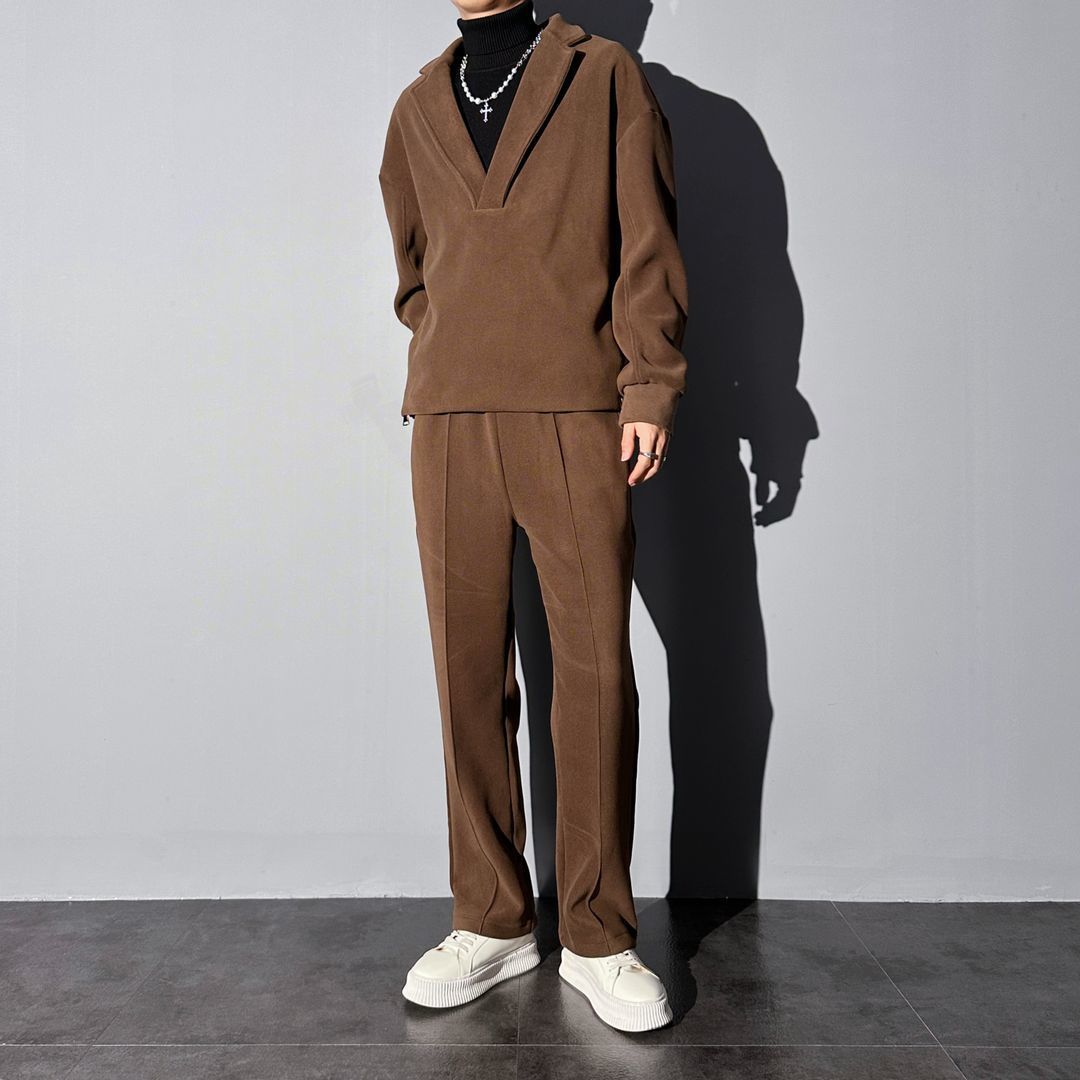 Woolen Casual Suit Men's Suit Collar Loose Solid Color Two-piece Set Side Zipper