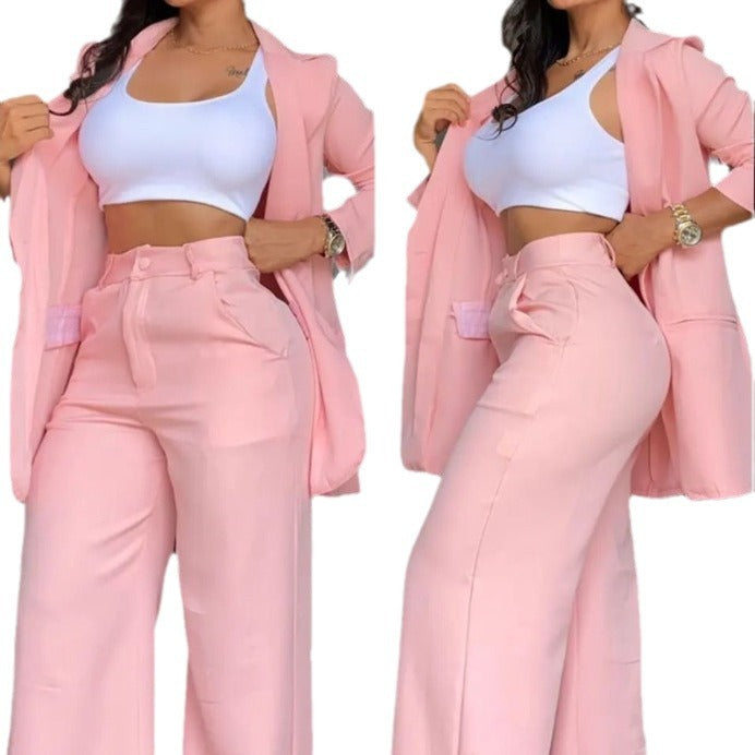Women's Elegant Solid Color Split Sleeve Lapel Suit Pocket Straight Pants Suit