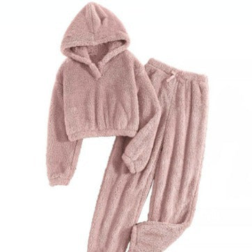 Women's Autumn And Winter Home Leisure Two-piece Set New Furry Hooded Top