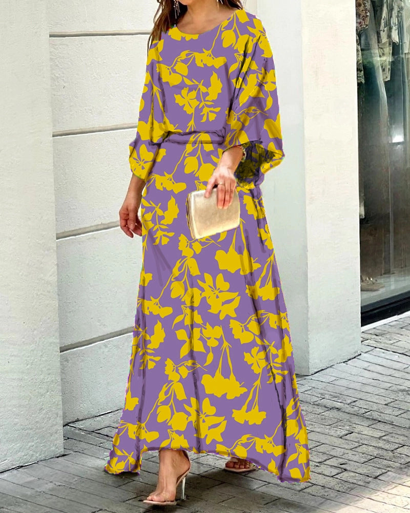 Women's Summer New Loose Large Size Printed Long-sleeved Top High Waist Half-length Dress Suit