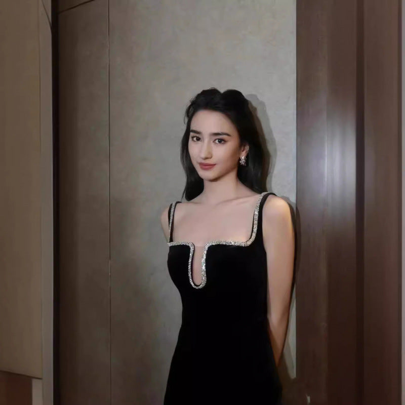 Early Spring New French Style Sexy Socialite Diamond Collar Party Party Dress Velvet Dress