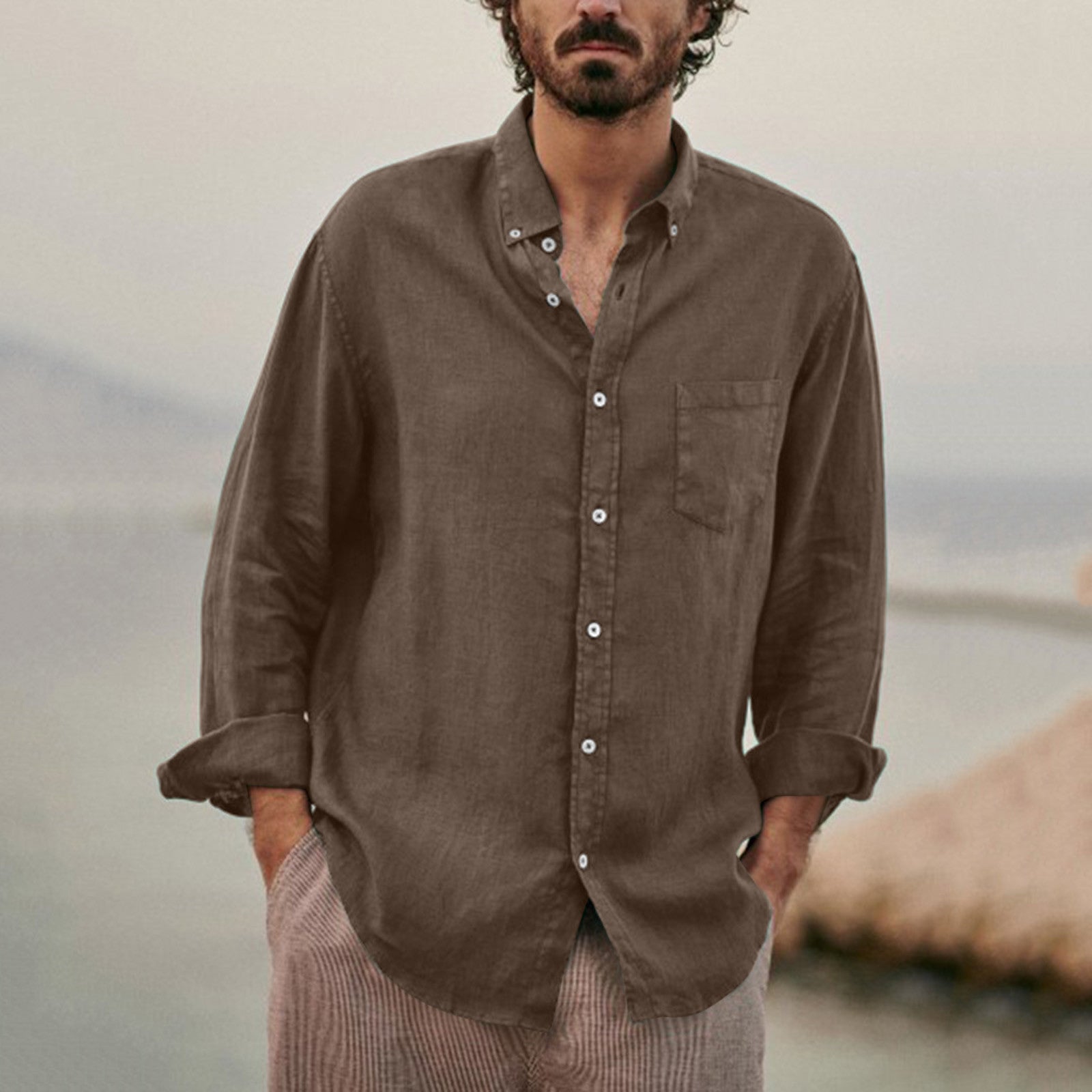 Solid Color  Cotton Linen Loose Men&amp;amp;#039;s Shirts