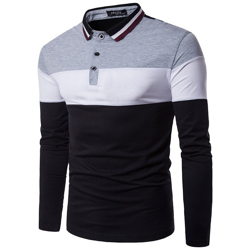 New Men's Fashionable Color Block Collar Long-sleeved T-shirt,Men's Casual Lapel Polo Shirt