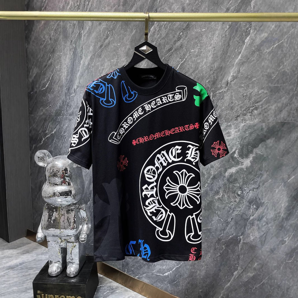 Cross-Border 2025 Summer New Style Ch Crow Horseshoe Print Cross Sanskrit Printed Short-Sleeved T-Shirt For Men And Women