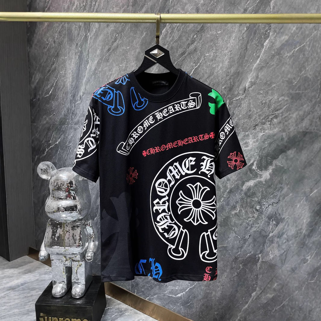 Cross-Border 2025 Summer New Style Ch Crow Horseshoe Print Cross Sanskrit Printed Short-Sleeved T-Shirt For Men And Women