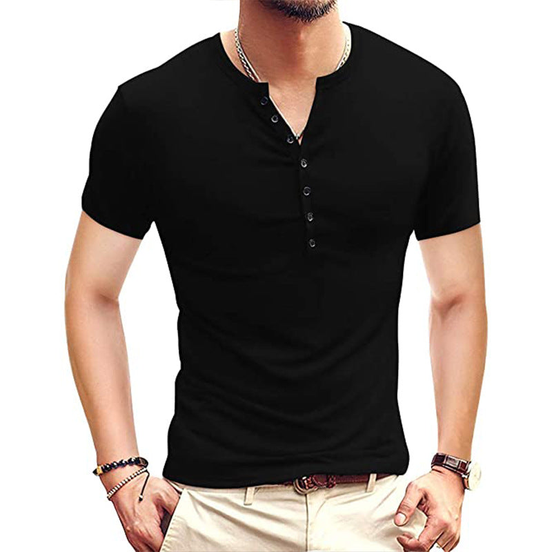 2023 Cross-border Summer New Foreign Trade Men&amp;amp;#039;s Clothing European And American Men&amp;amp;#039;s Henley Shirt Short-sleeved Men&amp;amp;#039;s T-shirt Solid Color Top