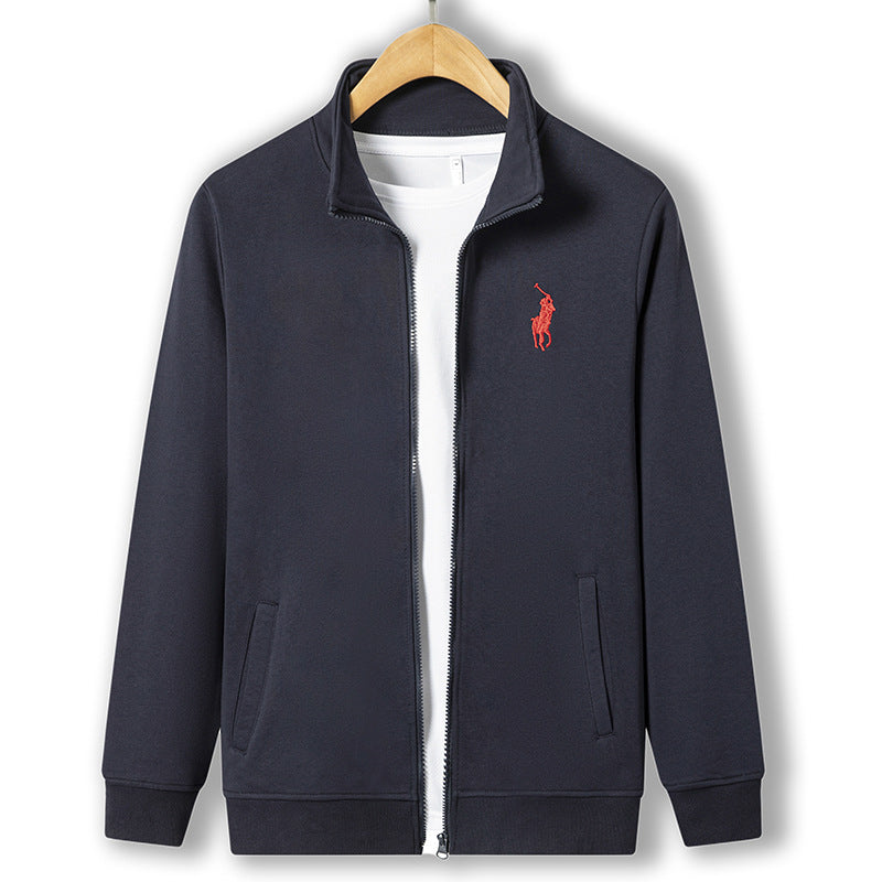 Autumn New Sports Jacket Men's Embroidery Solid Color Cardigan Sweater Zipper Stand Collar Top Casual Jacket Men's Clothing