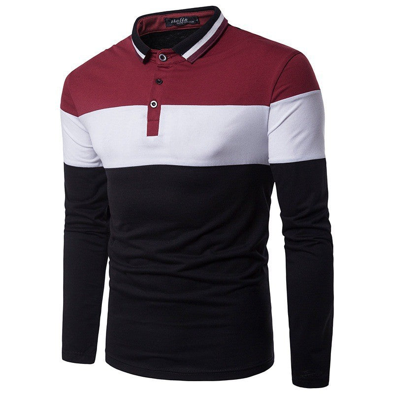 New Men's Fashionable Color Block Collar Long-sleeved T-shirt,Men's Casual Lapel Polo Shirt