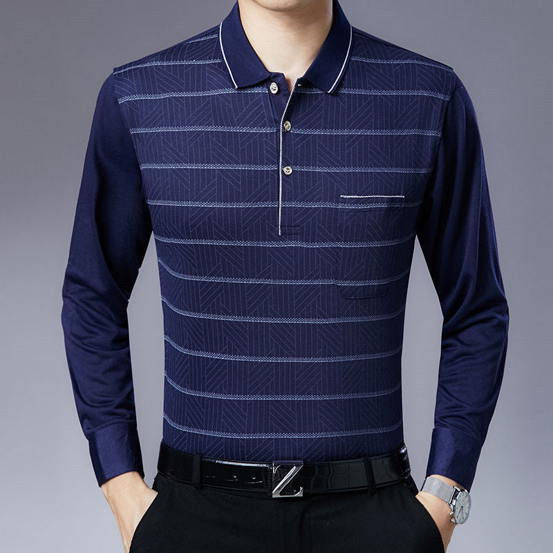 Spring And Autumn Men&amp;amp;#039;s Long-sleeved T-shirt Polo Shirt Striped Loose