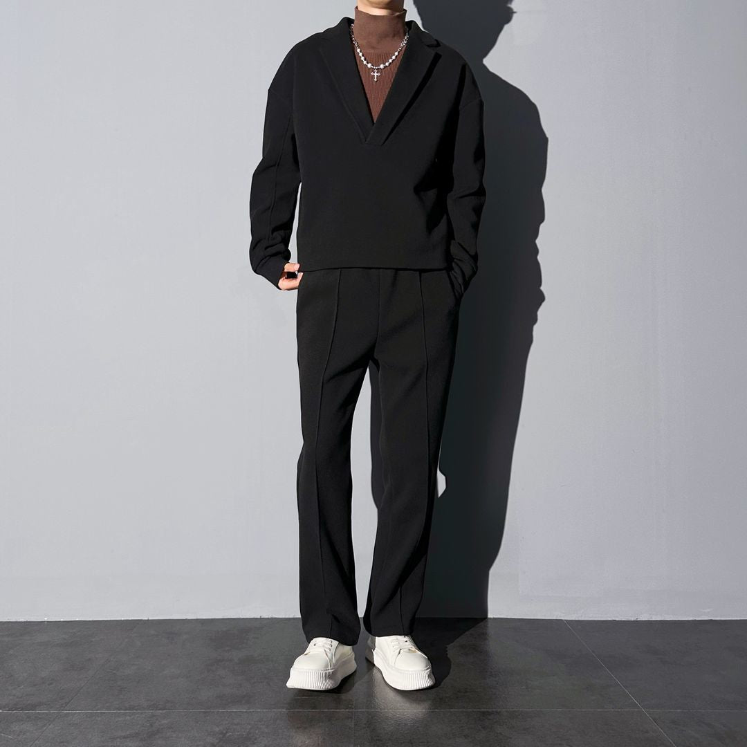 Woolen Casual Suit Men's Suit Collar Loose Solid Color Two-piece Set Side Zipper