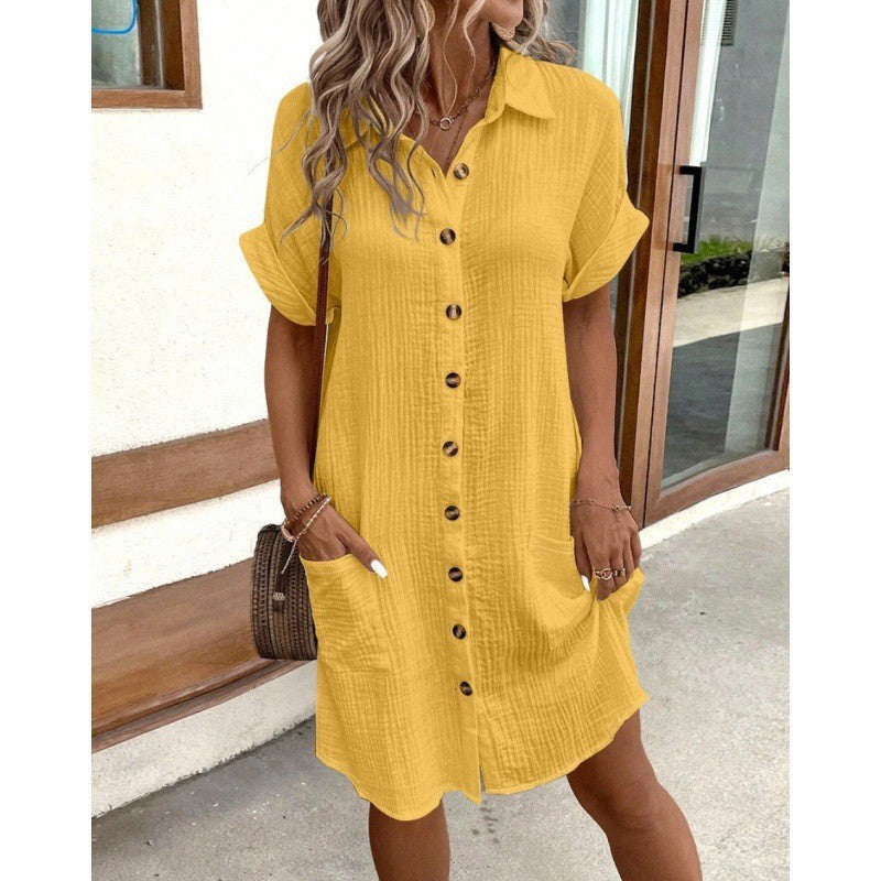 Summer Simple V-neck Button Cotton Linen Dress Women's Shirt Dress
