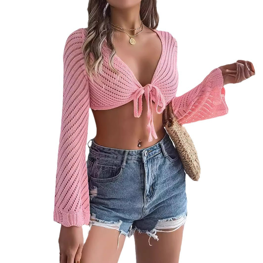 Summer Hollow Stripe Lace-up Long Sleeve Navel Knitted Cardigan Sunscreen