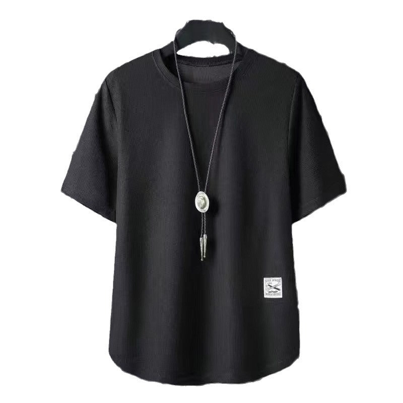 Batch Of Waffled Short-sleeved T-shirt Men's Summer Loose Plus Size Crewneck Breathable Solid Color Base Shirt Half-sleeved Top