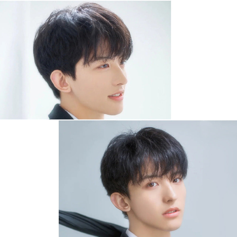 Wig Male Short Hair Korean Version Handsome Full Headgear Real Hair Realistic Men's Net Red With The Same Wig Sleeve Hand-woven Top Heart