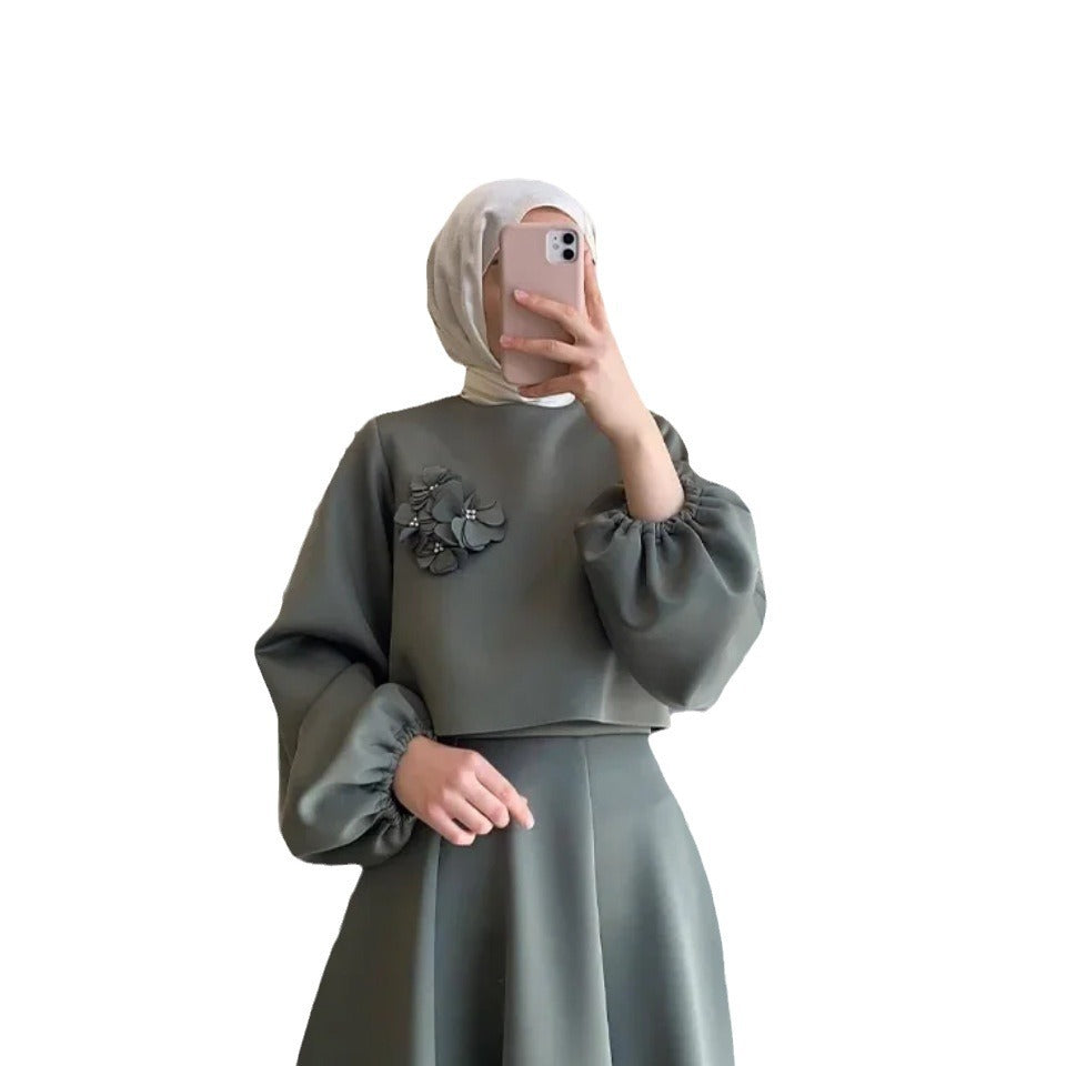 Spring New Middle East Dubai Flower Design Lantern Sleeve Dress Women's Dress Suit Two-piece Set