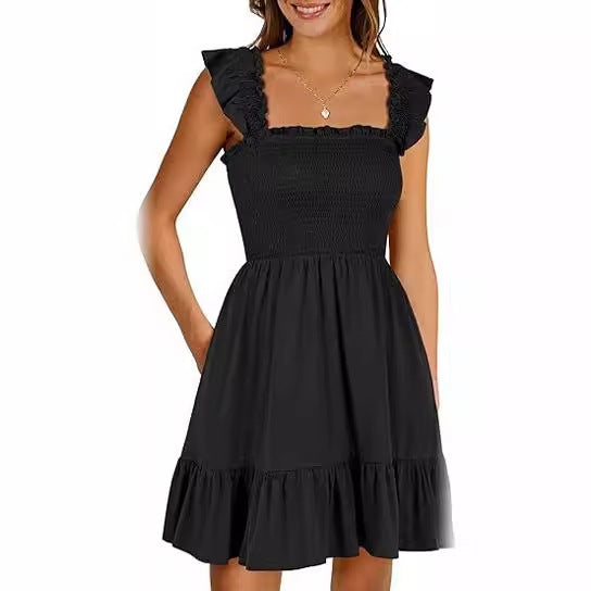 Women's Sleeveless Square Collar Pleated Backless Short Mini Dress