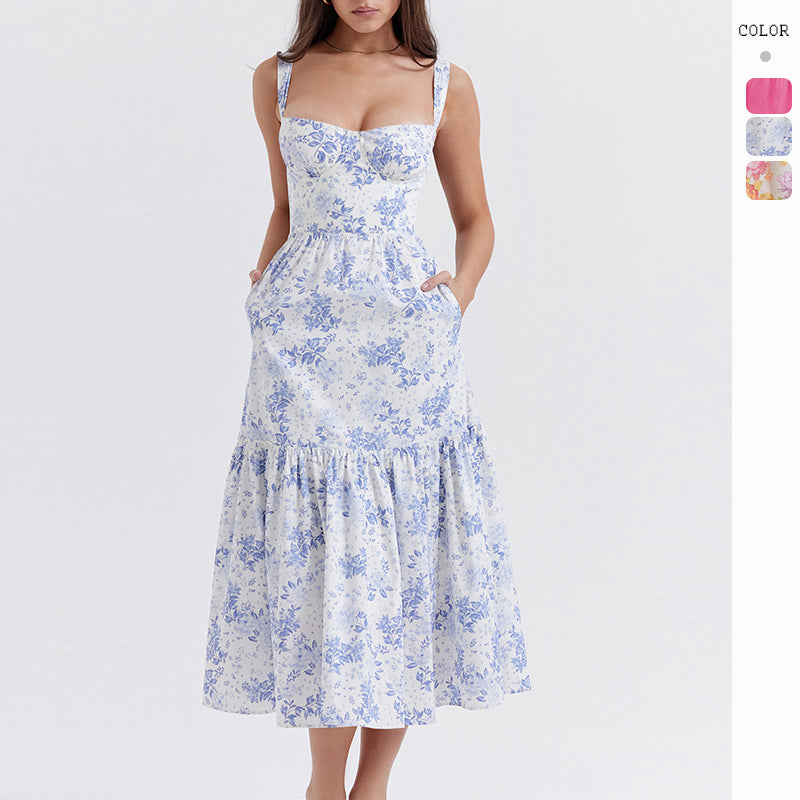 Women Spring And Summer New Sweet Spicy Style Sling Solid Color A Swing Floral Cake Dress