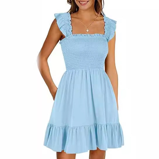 Women's Sleeveless Square Collar Pleated Backless Short Mini Dress