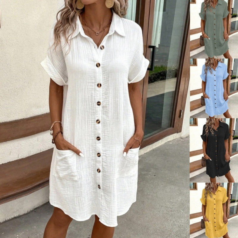 Summer Simple V-neck Button Cotton Linen Dress Women's Shirt Dress