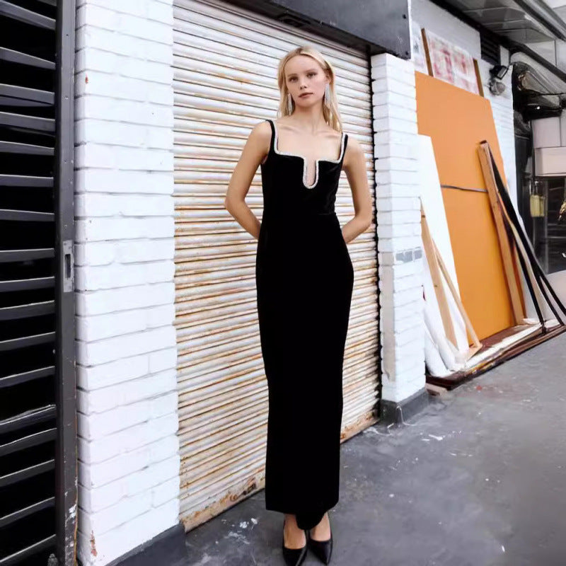 Early Spring New French Style Sexy Socialite Diamond Collar Party Party Dress Velvet Dress