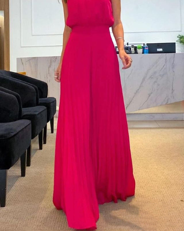 New Elegant Round Neck Solid Color Waist Loose Pleated Dress